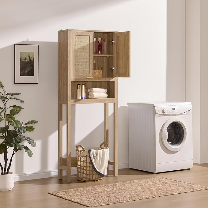 SICOTAS Over The Toilet Storage Cabinet with Rattan Door, Freestanding Bathroom Organizer with Adjustable Shelf, Space Saver Cabinet for Bathroom, Laundry Room, Restroom