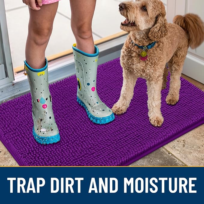 Smiry Dog Door Mat for Muddy Paws 36x24, Absorbent Dirt Trapper, Non-Slip Washable Chenille Entryway Rug for Inside Floor, Purple, Classic Solid