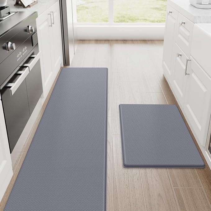 StepRite Kitchen Mats, Kitchen Rugs Sets of 2, Cushioned Anti Fatigue Kitchen Mats for Floor, Non-Slip Standing Desk Mat, Water Resistant Kitchen Rug Set for Home, Kitchen, 17.3"x30"+17.3"x70", Grey
