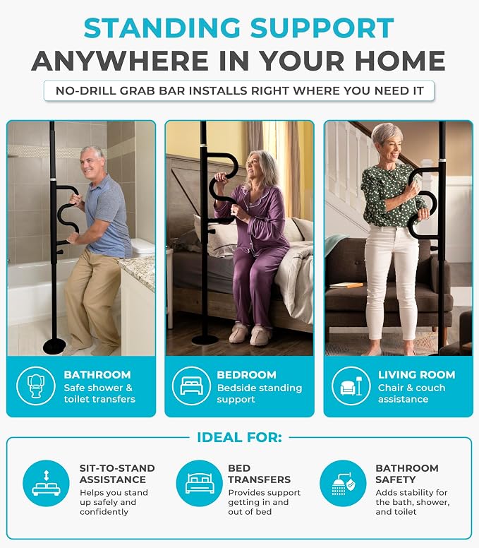 Stander Wonder Pole Plus with Rotating Double Grab Bar, Tension Mounted Security Pole for Seniors & Elderly Adults, No-Drill Floor to Ceiling Transfer Pole for Home & Bath Safety, Black