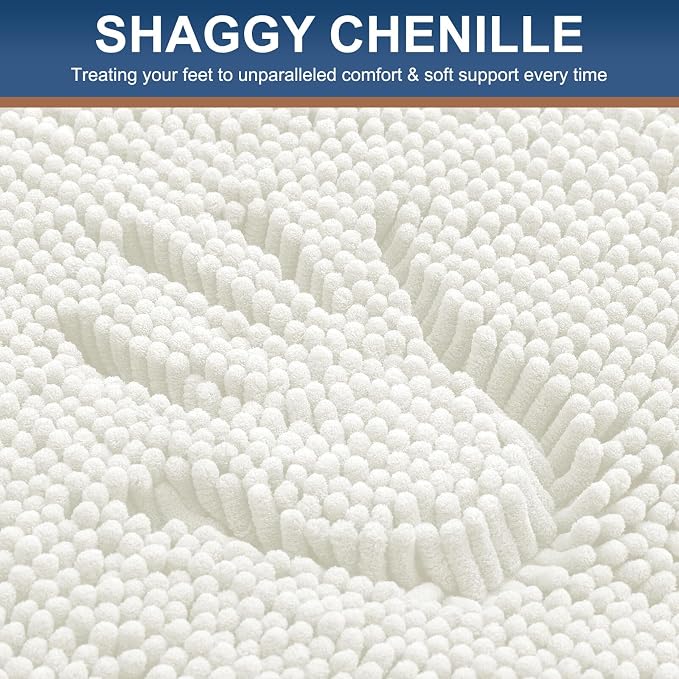 Smiry Luxury Chenille Bathroom Rugs 36x24, Extra Soft and Absorbent Shaggy Bath Mat, Machine Washable, Non-Slip Plush Carpet Runner for Tub, Shower, and Floor, Home Decor Accessories, Ivory