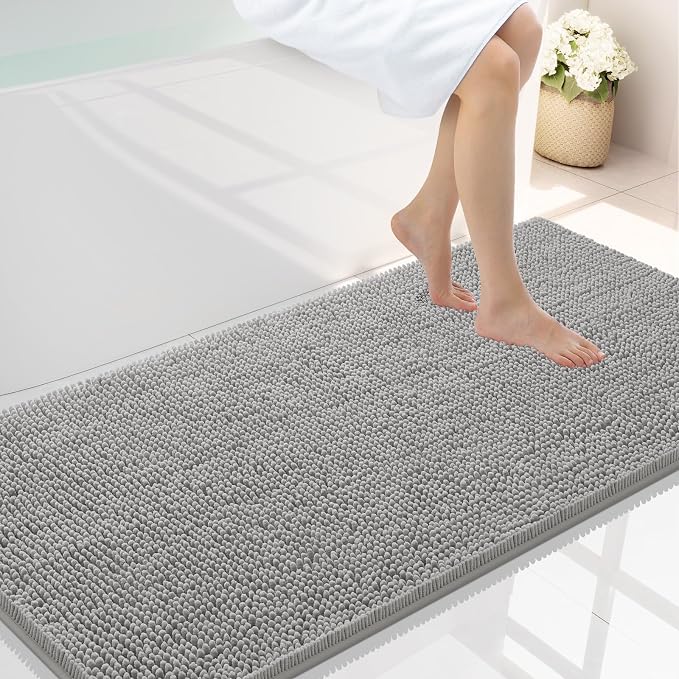 Smiry Luxury Chenille Bathroom Rugs 47x24, Extra Soft and Absorbent Shaggy Bath Mat, Machine Washable, Non-Slip Plush Carpet Runner for Tub, Shower, and Floor, Home Decor Accessories, Light Grey