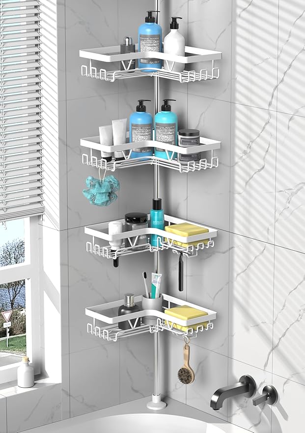 DAOYA Shower Caddy Tension Pole Corner - Stainless Steel Bathroom Organizer White Tension Rod Shower Shelves for Tub(22-114.2inch), Renter Friendly