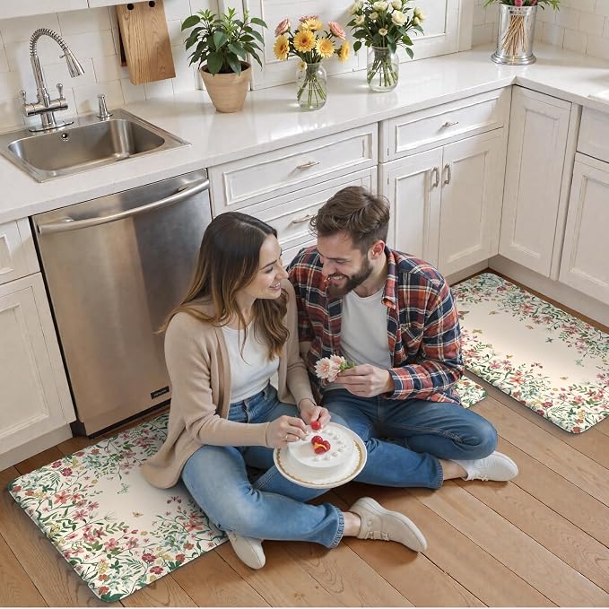 KIMODE Kitchen Mats for Floor Anti Fatigue, Flower Butterfly Kitchen Rugs Sets of 2, Cushioned Kitchen Floor Mats, Comfort Standing Mat for Sink Laundry Office Desk 20"x47"+20"x32" Beige