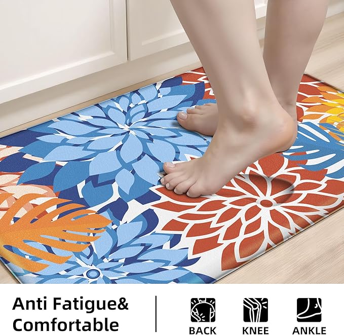 Arenarug Kitchen Mats for Floor 2PCS Cushioned Anti Fatigue Kitchen Mats Waterproof Non Slip Kitchen Mat Rug Set Comfort Foam Standing Mat for Sink, Laundry, Office,17.3" x 28" + 17.3" x 47", Red Blue