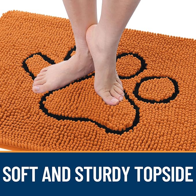 OLANLY Dog Door Mat for Muddy Paws 48x30, Paw Print Design, Absorbs Moisture and Dirt, Absorbent Non-Slip Washable Doormat, Quick Dry Chenille Mud Mat for Dogs, Entry Indoor Entryway Carpet, Clay