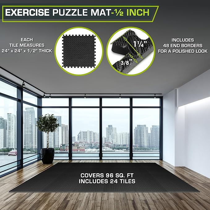 ProsourceFit Exercise Puzzle Mat 1/2-inch, EVA Interlocking Foam Floor Tiles for Home Gym, Workout Equipment, Kids Play Areas, Black, 96 SQ FT - 24 Tiles