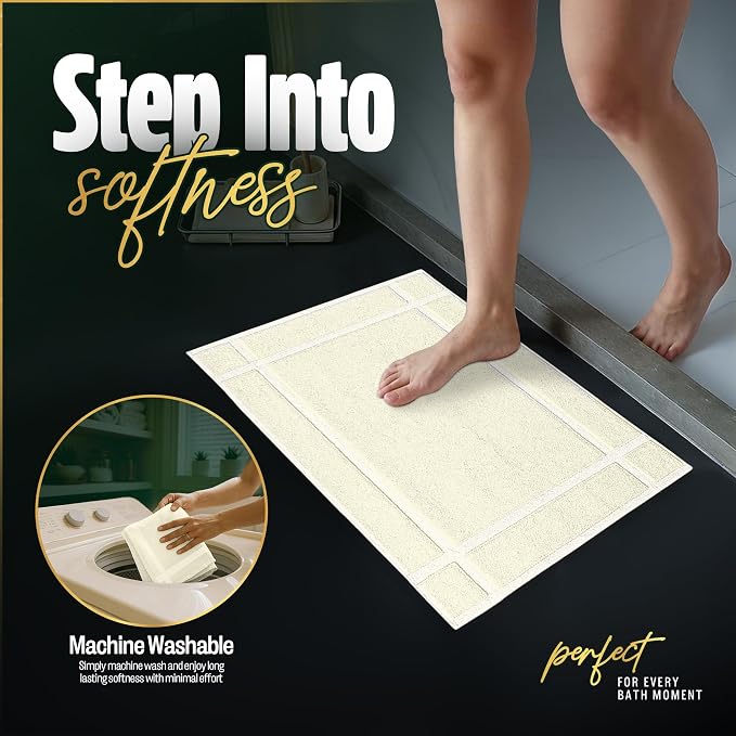 Pearl Linens Pack of 2 100% Cotton Bathmat 20x30 inches, Soft & Absorbent Quick Dry Bathroom Mat Set, Not Bathroom Rugs, After Shower Mat, Bath Tubmat, 687 GSM, Machine Washable, Ivory