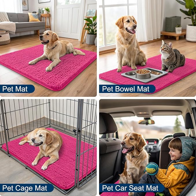 Smiry Dog Door Mat for Muddy Paws 47x24, Absorbent Dirt Trapper, Non-Slip Washable Chenille Entryway Rug for Inside Floor, Hot Pink, Classic Solid