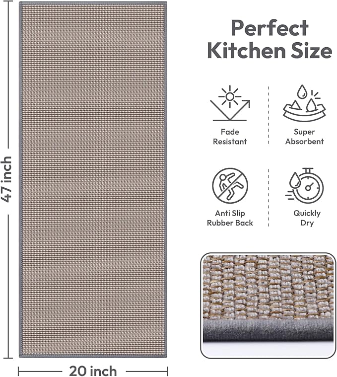 Kitchen Mats for Floor,Kitchen Rug, Nonskid, Washable,Absorbent Kitchen Runner Rug for in Front of Sink,Entryway,Hallway,Rubber Backing Indoor Door Mat,Farmhouse Style Standing Mat,20"x47",Grey