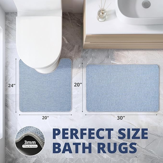 Bathroom Rugs Sets 2 Piece, Thin Bath Mat & U-Shaped Contour Toilet Rug Absorbent Quick Dry, Machine Washable, Non Slip Low Pile Bath Mats for Bathroom/Tub/Sink/Shower (30"x20" Plus 24"x20" U, Blue)