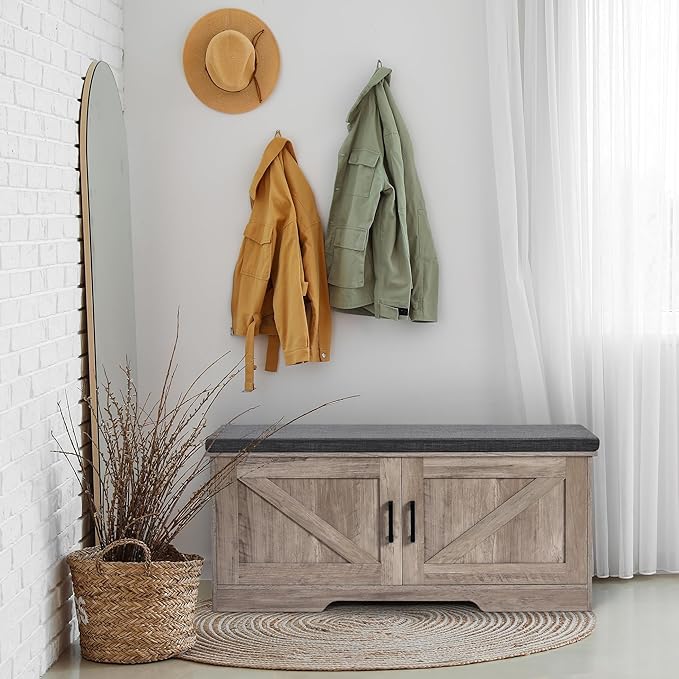 HOMSHO 2-Tier Storage Bench, 39.4" Wide Shoe Bench with Padded Seat Cushion, Entryway Bench with 2 Barn Doors and Adjustable Shelf, Greige