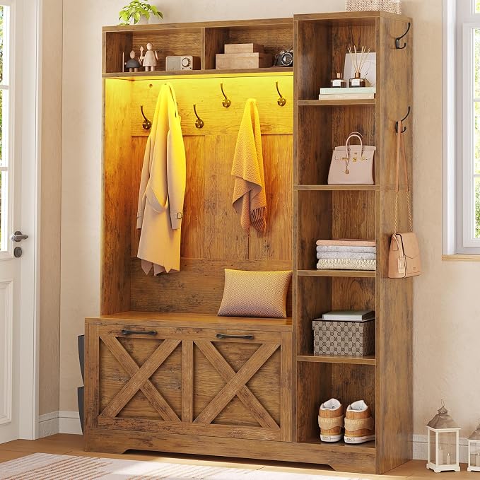 Itaar Hall Tree with Bench and Shoe Storage, Farmhouse Entryway Bench with Coat Rack, Shoe Cabinet with Flip Drawers, 7 Shelves, 10 Coat Hooks, Storage Bag, Led Lights, Rustic Brown