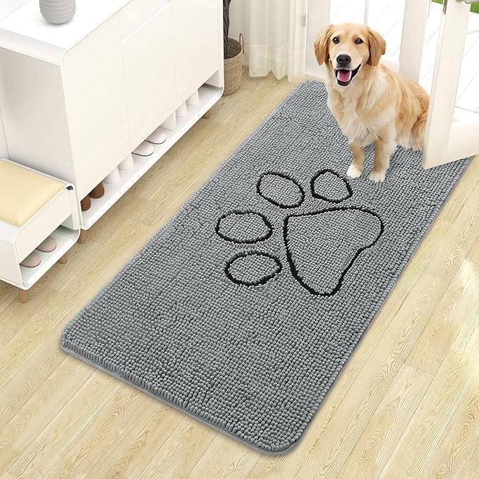 OLANLY Dog Door Mat for Muddy Paws 44x24, Paw Print Design, Absorbs Moisture and Dirt, Absorbent Non-Slip Washable Doormat, Quick Dry Chenille Mud Mat for Dogs, Entry Indoor Entryway Carpet, Grey