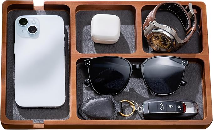 Shinpuru Wooden Valet Tray for Men, Nightstand Organizer with Leather Inlay, EDC Essentials Catchall Tray for Keys, Phone, Wallet, Watch, Earbuds - Bedside Desk Entryway Tray (Wood)