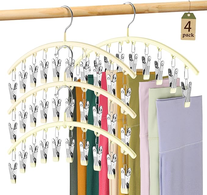 Volnamal Legging Organizer for Closet, Metal Yoga Pants Hangers 4 Pack w/10 Clips Holds 40 Leggings, Space Saving Hanging Closet Organizer w/Rubber Coated Closet Organizers and Storage, Ivory