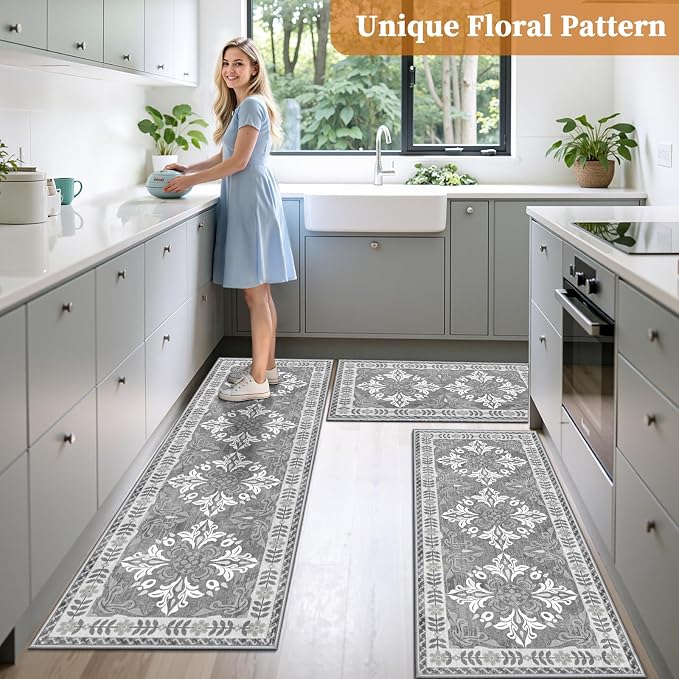 3-Piece Kitchen Rugs, Non-Slip & Washable Floor Mats, Water-Absorbent Area Pad, Standing Desk Mat for Office, Home, Doorway, Laundry, Kitchen Accessories (Light Grey)