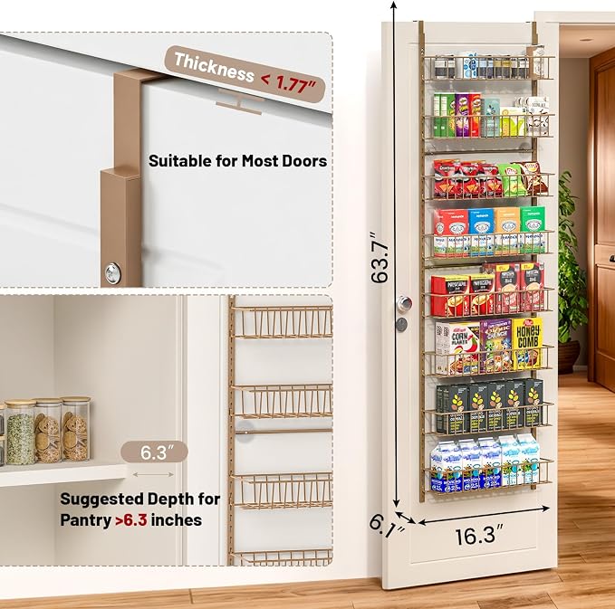 ElegantArray 8-Tier Pantry Door Oragnizer, Over The Door Pantry Organizer Rack and Storage, Hanging Spice Rack Shelves Door, Home Office Laundry Room Bathroom & Kitchen Organization, Brown
