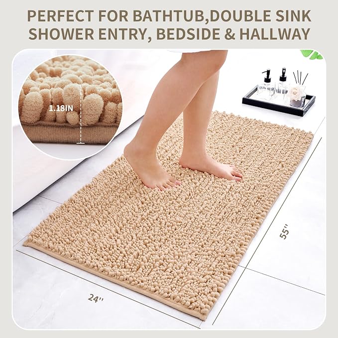 Bathroom Rugs Non Slip Washable 55x24, Extra Thick Soft Chenille Absorbent Bath Mat, High Density Barrier Non Slip Backing, Quick Dry Plush Shaggy Floor Carpet for Tub&Shower, Beige