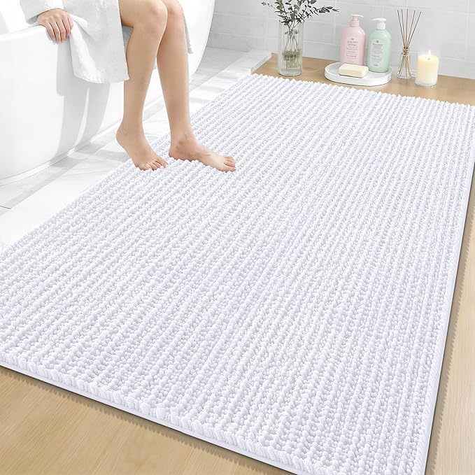 OLANLY Bathroom Rug Mat 59x35, Thick Soft and Absorbent Chenille Bath Mat, Non-Slip Rubber Backing, Machine Washable Quick Dry Bath Rugs for Tub Shower Floor, Home Decor Accessories, White