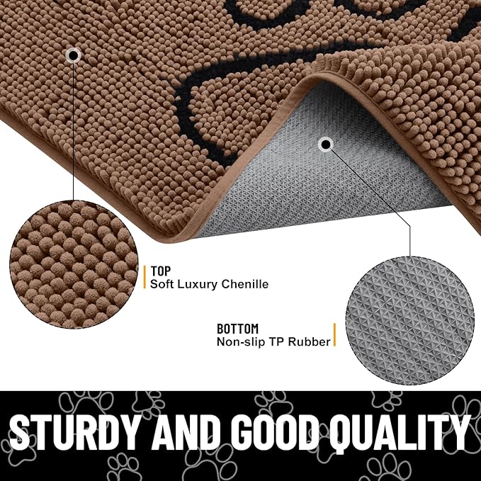 Smiry Dog Door Mat for Muddy Paws, Absorbent Dirt Trapper Non Slip Quick Dry Washable Chenille Mat for Mud Dogs, Entry Rug for Indoor and Outdoor (59x24 Inches, Coffee and Black)