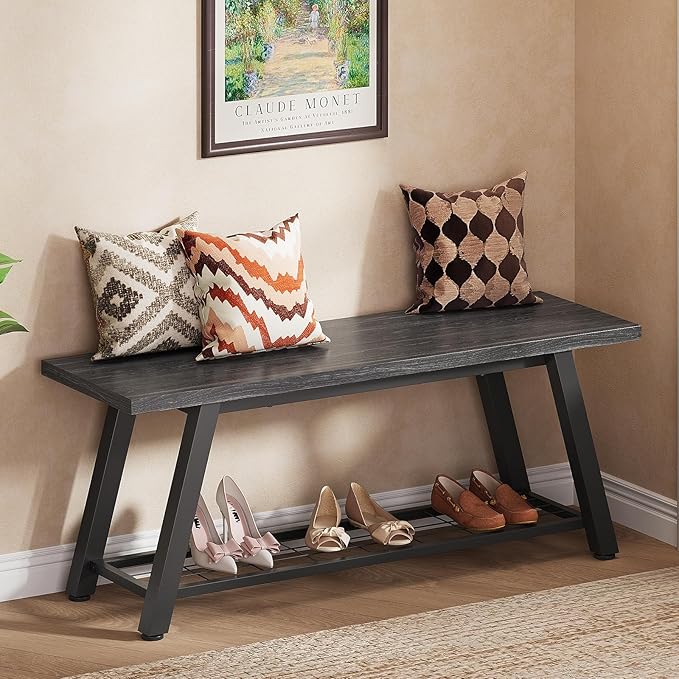 Oastreeful Industrial Entryway Bench Rustic Wood and Metal Storage Bench for Indoor Living Dining Room Bedroom Long Shoe Benches Seat (Charcoal Black)