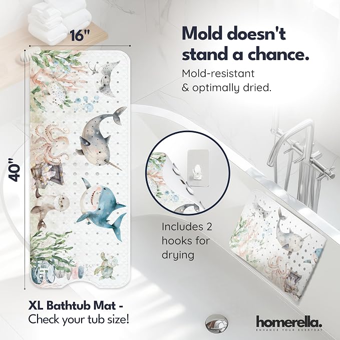 Bathtub Mat Non Slip Anti Mold Kids 35x16- homerella® Bath Mat for Tub, BPA Free,Incl. 2 Hooks, Washable Shower Mat Non Slip Anti Mold,Shower Mats for Inside Shower,EU Certified