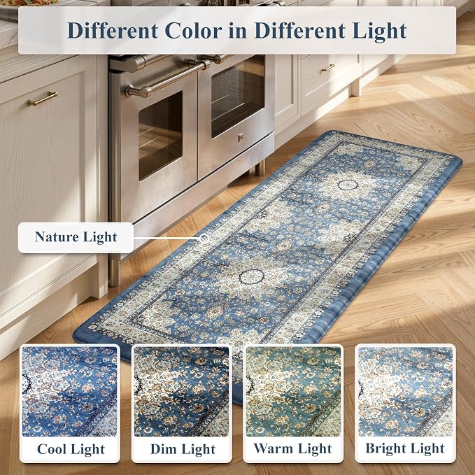 Collive Boho Blue Kitchen Mats Cushioned Anti Fatigue Mats, Non-Slip Kitchen Floor Mats, Kitchen Rugs for Sink, Laundry,Office, 17”x30” Waterproof Standing Desk Mat