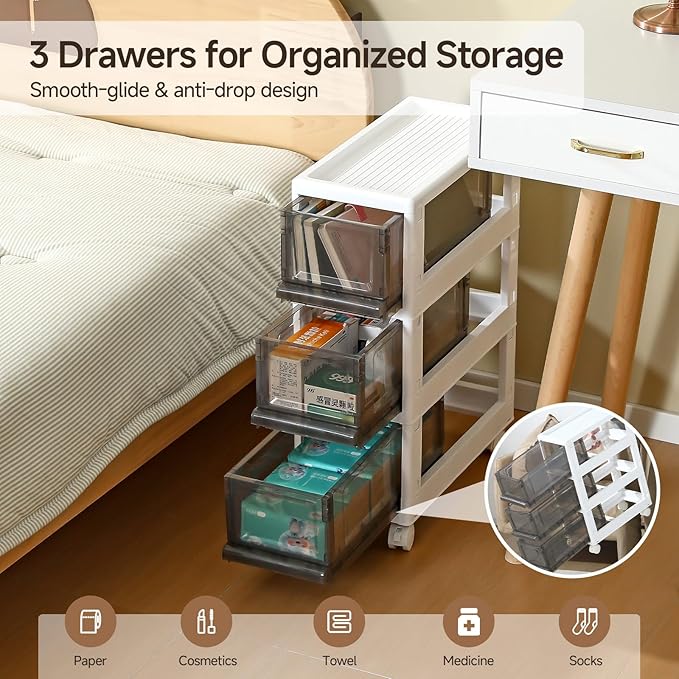 Plastic 3 Drawer Storage Organizer, Narrow Plastic Storage Drawers with Wheels, Storage Cart with Drawers for Small and Narrow Space, 7.87-inch Wide (white)