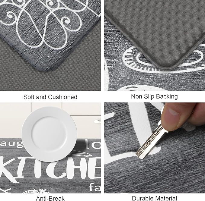 HEBE Kitchen Rugs Set of 2, Cushioned Anti Fatigue Kitchen Mats for Floor, Non Slip Waterproof Comfort Standing Desk Mat Carpet for Sink, Stove, Laundry Room, Gray
