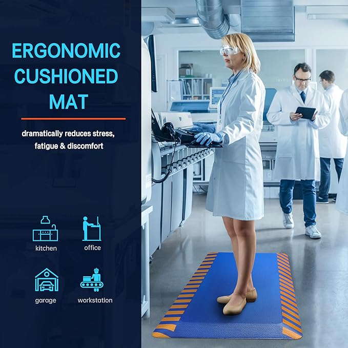 FEATOL Anti Fatigue Mat Industrial, Ergonomic Standing Floor Mat for Work for Stand -Safety Support for Leg & Back Pain(Blue with Yellow Border, 20" x 59", 2PC)