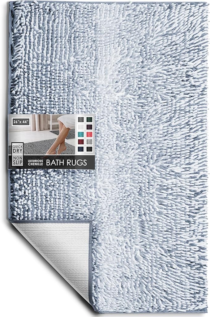 Hearth & Harbor Bathroom Rugs, Chenille Bath Mat - Machine Washable Bath Mats for Bathroom Non-Slip Backing Rubber, Quick Dry Bathroom Mat, 26 x 44 - Ombre Blue