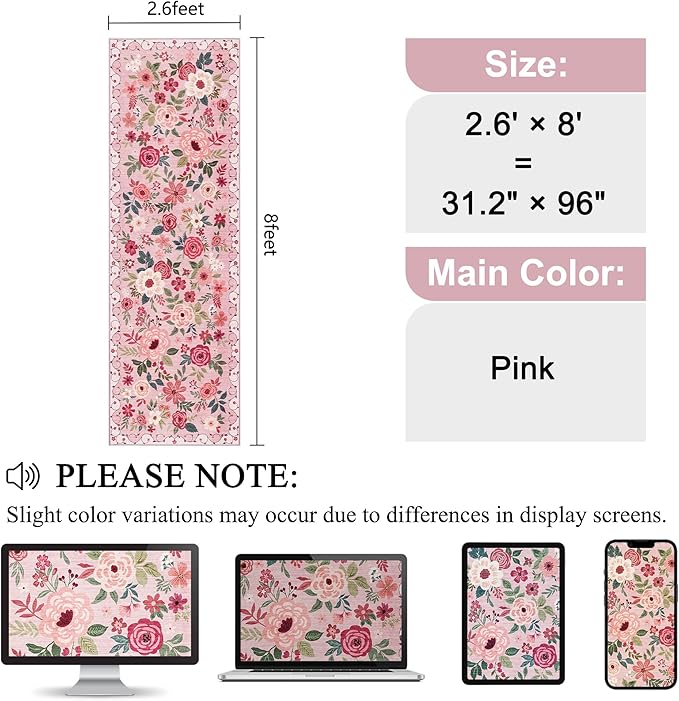 DUKINO 2.6x8 Kitchen Runner Rug for Hallway, Washable Runner Rug with Non Slip Backing, Low Pile Soft Boho Floral Carpet for Hallway, Kitchen, Entryway, Laundry, Bedroom, Pink