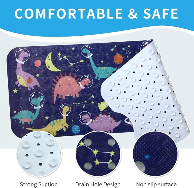 Bath Tub Shower Mat Non Slip Kids Bathtub Mat Anti Slip Baby Bath Mat for Tub 40 x 16 Inch Extra Long Toddler Bath Mat with Suction Cups and Drain Holes for Bathroom Floor,Space Dinos