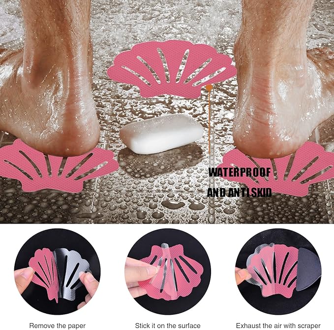 Secopad Non-Slip Bathtub Stickers, 24 PCS Shell Safety Bathroom Tubs Showers Treads Adhesive Decals Scraper (Pink)