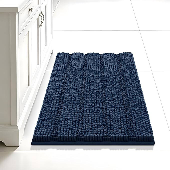 Bcoimo 24"×17" Chenille Bath Mat – Non-Slip with Backing Bath Rug Ultra-Absorbent and Machine Washable Bathroom Mat Quick-Dry Design. Ideal for Bathroom and Tub Areas