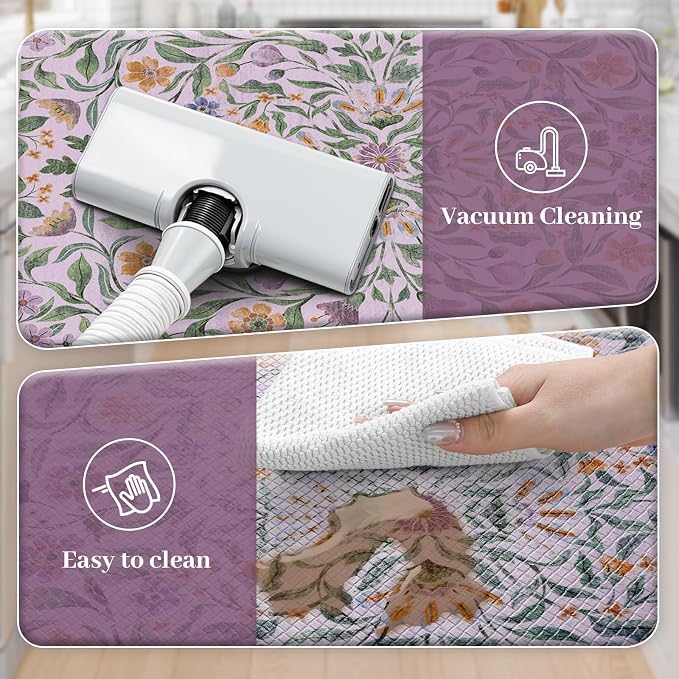 KIMODE Anti Fatigue Kitchen Mat, Cushioned Boho Kitchen Rugs Sets of 2, Farmhouse Kitchen Mats for Floor Non Slip, Waterproof Standing Desk Mats for Laundry Office Sink Purple 17.3"x29"+17.3"x47"