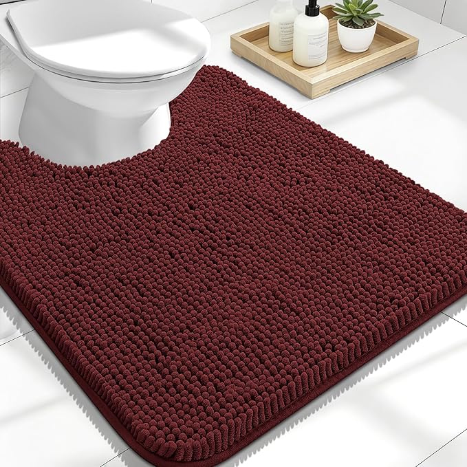 OLANLY Toilet Rugs U-Shaped 24x20, Extra Soft Absorbent Chenille Contour Bathroom Rugs for Toilet, Dry Quickly, Machine Washable, Non-Slip Bath Mat, Andorra Red-Brown