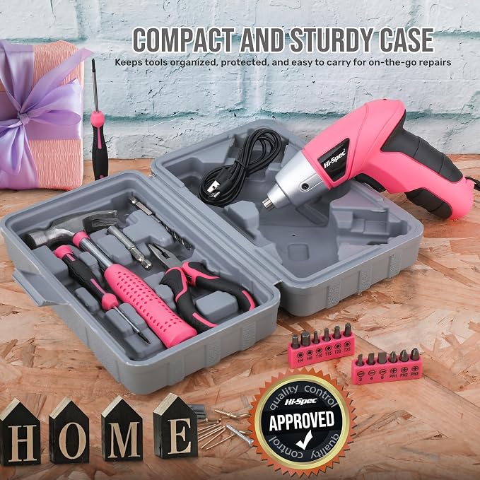Hi-Spec Cordless Electric Screwdriver, Power Screw Driver Set with Pink Compact Tool Kit for Small Repair and Maintenance- Ideal Housewarming Gift,19 Piece