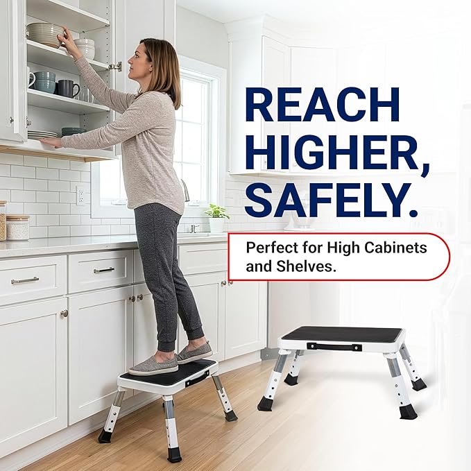 Arrigo Folding Step Stool with 3 Adjustable Heights – 330lb Capacity, Wide Anti-Slip Treads – Compact, Portable & Collapsible – Foldable Bed Stairs, Kitchen Ladder & Foot Stool for Adults