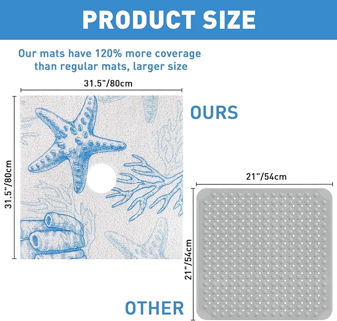 Square Shower Mat Non Slip: 32 x 32 Inch Extra Large Shower Mats with Drain Hole in Middle - PVC Loofah Anti Slip Shower Floor Matt for Inside Shower