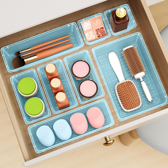 ElegantArray 12-Piece Drawer Organizer Set, 4 Sizes Versatile Plastic Vanity Organizer for Makeup, Stationery, Gadgets, in Kitchen, Bathroom, Office, and Bedroom, Sea Blue