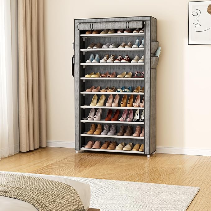LANTEFUL Shoe Rack with Covers 10 Tier Tall Shoe Rack Organizer Large Capacity Shoe Shelf Storage 40 Pairs Space Saving Free Standing Shoe Storage Organizer for Closet, Entryway, Dorm, Printing