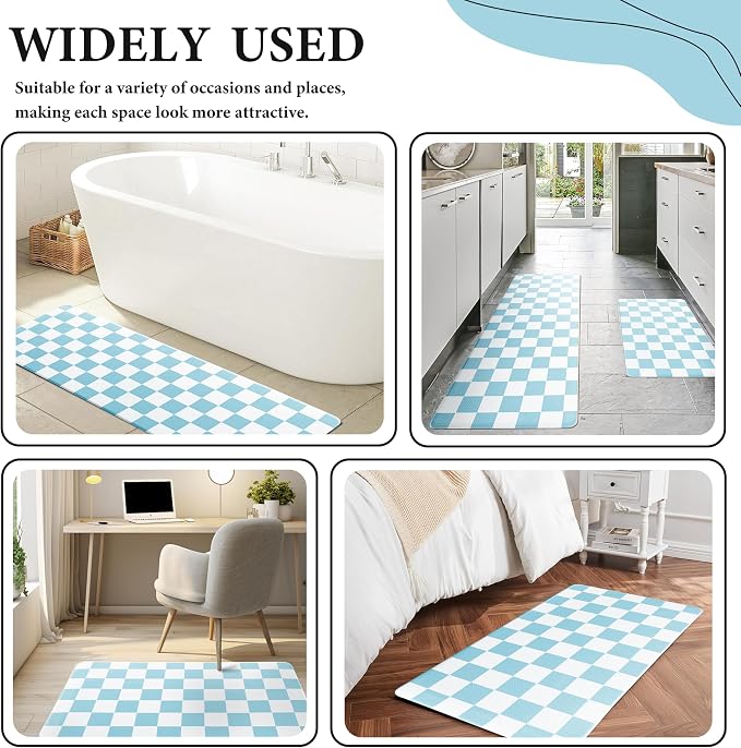 Sky Blue Checkered Grid Checkerboard Kitchen Rug Sets [2 PCs], Anti-Fatigue, Waterproof Non-Slip Kitchen Mats Heavy Duty Ergonomic Comfort Foam Rug for Floor, Home, Laundry,17"x29"+17"x47"