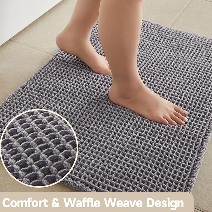 TYUU Waffle Bath Mat, Boho Bathroom Rugs Non Slip Washable Super Absorbent Quick Dry Bath Mat Farmhouse Bathroom Decor, 24"x16" Grey