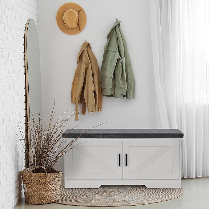 HOMSHO 2-Tier Storage Bench, 39.4" Wide Shoe Bench with Padded Seat Cushion, Entryway Bench with 2 Barn Doors and Adjustable Shelf, White