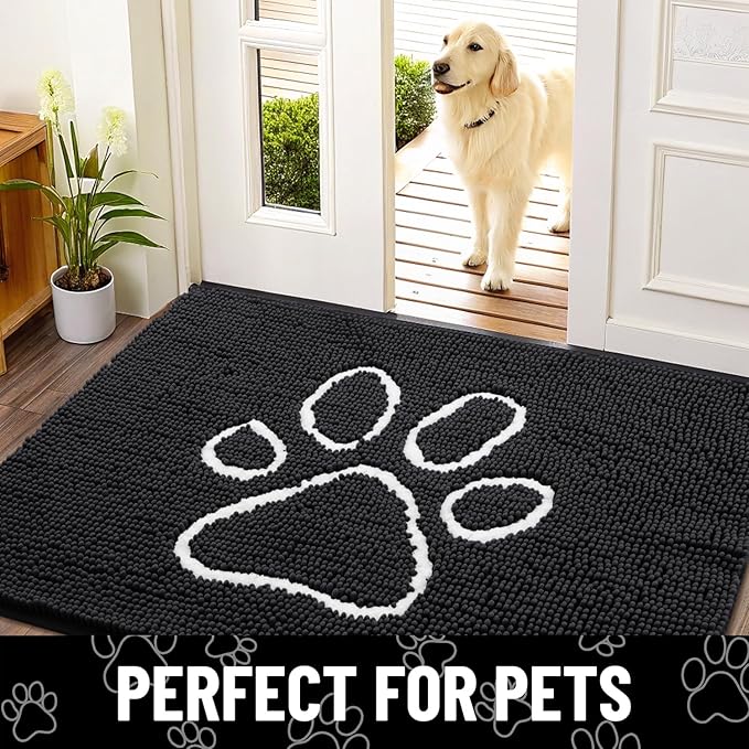 Smiry Dog Door Mat for Muddy Paws, Absorbent Dirt Trapper Non Slip Quick Dry Washable Chenille Mat for Mud Dogs, Entry Rug for Indoor and Outdoor (34x21 Inches, Black and White)