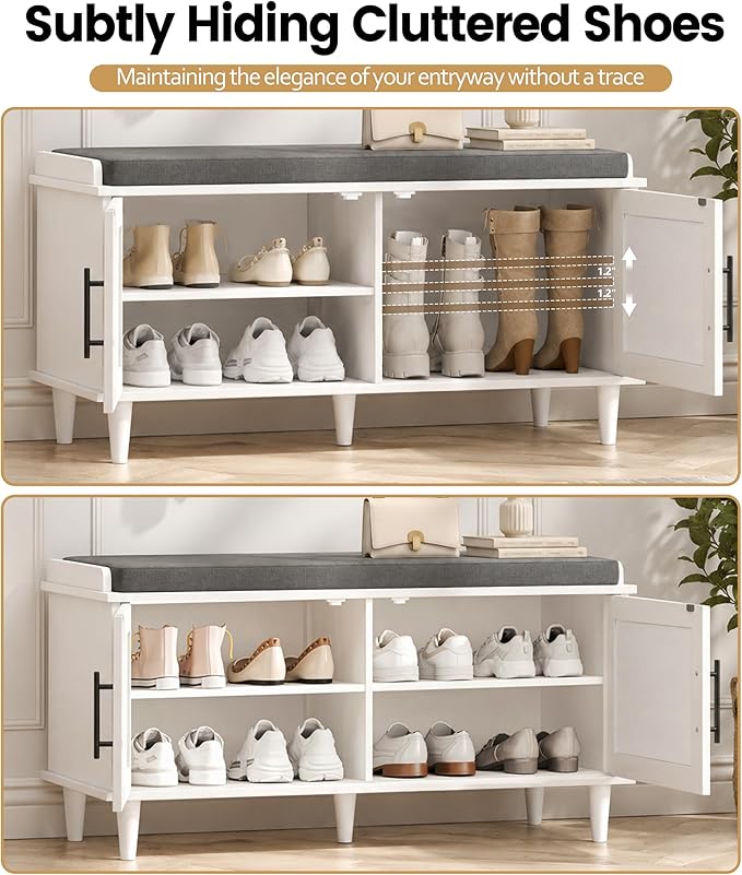 Akxomel Rattan Shoe Storage Bench with Cushion, 2-Tier Entryway Bench with Adjustable Shelves and 2 Doors, 15" D x 39.4" W x 20" H, Solid Wood Legs, for Hallway, Living Room, Bedroom, White