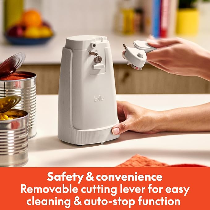 bella Electric Can Opener and Knife Sharpener, Removable Cutting Lever, Cord Storage, Stainless Steel Blade, Oatmilk