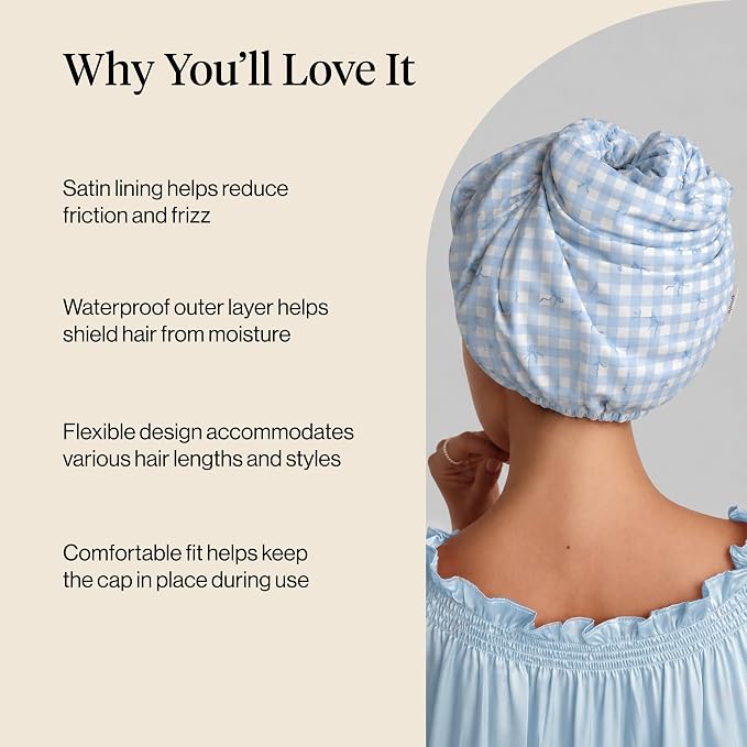 Kitsch Luxury Satin-Lined Flexi Shower Caps for Women Reusable Waterproof - Large Wide Shower Cap for Women & Men, Adjustable, Stylish Hair Cap for Showers, For Long & Short Hair - Gingham Blue
